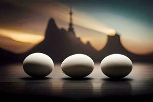 three eggs are sitting on a table in front of a mountain. AI-Generated photo