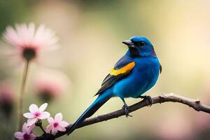 a blue bird with yellow and orange feathers sits on a branch. AI-Generated photo