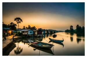 boats are docked on the river at sunset. AI-Generated photo