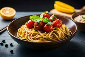 spaghetti with tomatoes and basil leaves in a bowl. AI-Generated photo