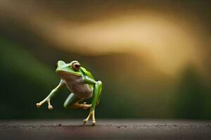 a frog jumping on a wooden surface. AI-Generated photo