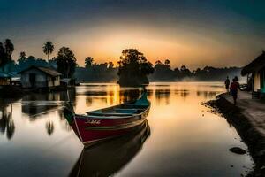 a boat sits on the water at sunset. AI-Generated photo