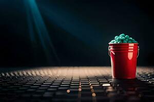 a red bucket filled with blue balls on a black background. AI-Generated photo