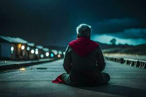 a man sitting on the ground in front of a train station at night. AI-Generated photo