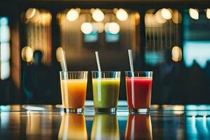 three glasses of juice on a bar. AI-Generated photo