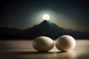 two eggs are sitting on a table in front of a mountain. AI-Generated photo