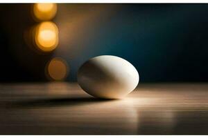 un blanco pelota en un mesa con borroso luces. generado por ai foto