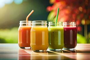 five different types of juices in jars. AI-Generated photo
