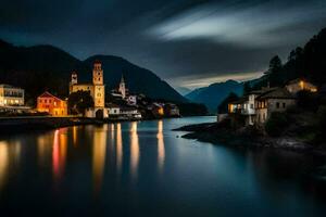 a river and a town at night. AI-Generated photo