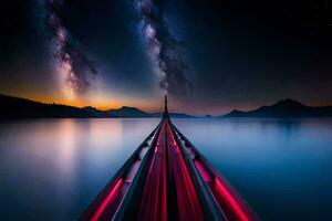 a long exposure photograph of a boat on a lake with the milky in the background. AI-Generated photo