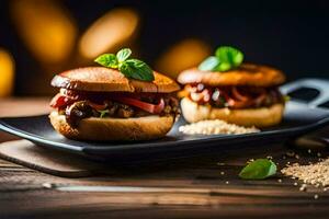 two hamburgers on a black plate with spices. AI-Generated photo