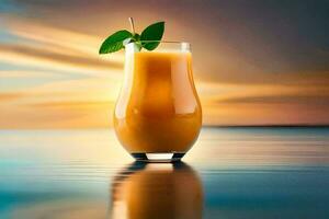 orange juice in a glass on the beach. AI-Generated photo