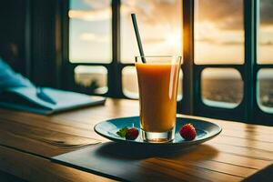 a glass of orange juice with a straw on a wooden table in front of a window. AI-Generated photo