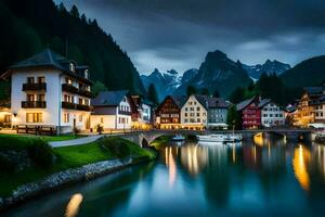 photo wallpaper the sky, mountains, water, houses, river, town, bridge, mountains,. AI-Generated