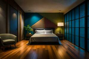 un dormitorio con madera pisos y vistoso paredes generado por ai foto