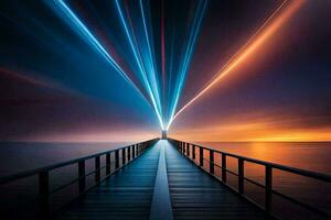 a long pier with light beams coming from it. AI-Generated photo