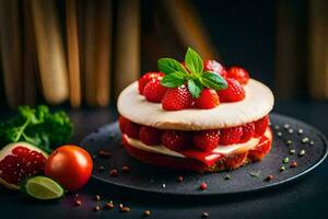 a strawberry cake with cream cheese and strawberries on a black plate. AI-Generated photo