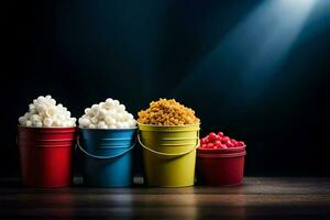 three buckets of popcorn and candy on a dark table. AI-Generated photo