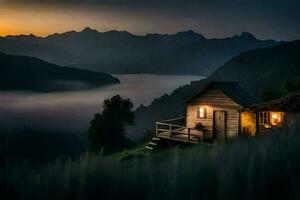 el cabina en el montañas. generado por ai foto