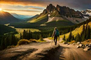 un hombre camina en un sendero en el montañas. generado por ai foto