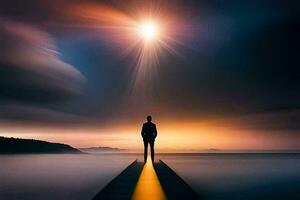 a man standing on a pier looking at the sun. AI-Generated photo