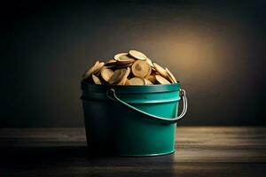 a bucket filled with wooden chips on a wooden table. AI-Generated photo