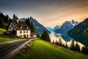 un casa se sienta en el lado de un montaña con vista a un lago. generado por ai foto