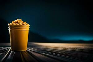 a bucket of popcorn sitting on a wooden table. AI-Generated photo