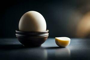 an egg and a half shell on a table. AI-Generated photo