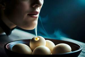 a woman is blowing smoke into a bowl of eggs. AI-Generated photo