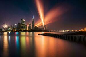 el ciudad luces son reflejado en el agua. generado por ai foto