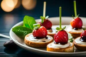 small appetizers with strawberries and cream. AI-Generated photo