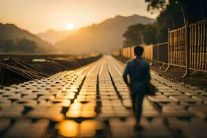 un hombre caminando en un la carretera a puesta de sol. generado por ai foto