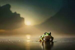 a frog sitting on the ground in front of a mountain. AI-Generated photo