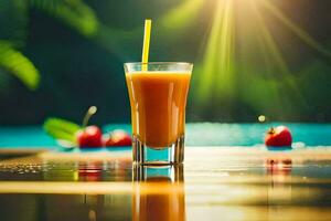 a glass of orange juice with a straw sitting on a table in front of a pool. AI-Generated photo