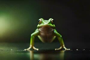 a frog standing on a dark background. AI-Generated photo