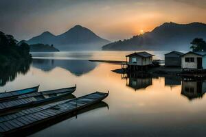 boats are docked in the water at sunset. AI-Generated photo