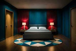 a bedroom with blue walls and a red and black rug. AI-Generated photo