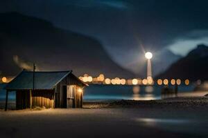 photo wallpaper night, beach, house, light, the moon, the ocean, the night,. AI-Generated
