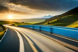 un coche conducción en un autopista a puesta de sol. generado por ai foto