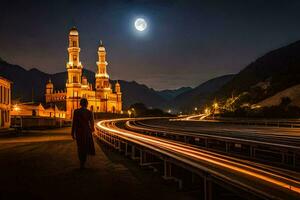 a man walks along the road at night with a mosque in the background. AI-Generated photo