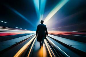 a man walking down a long tunnel with light trails. AI-Generated photo