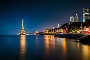 the eiffel tower and other buildings are lit up at night. AI-Generated photo