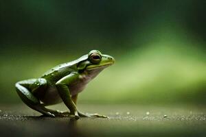 a frog is standing on the ground with a green background. AI-Generated photo