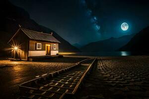 un pequeño cabina en el playa a noche con un lleno Luna. generado por ai foto