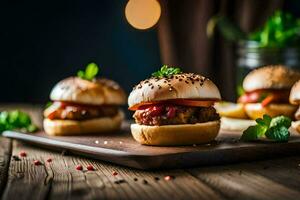 pequeño hamburguesas en un de madera corte tablero. generado por ai foto