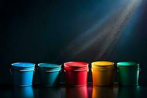 five colorful buckets on a dark background. AI-Generated photo