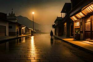 a man walking down a wet street at night. AI-Generated photo