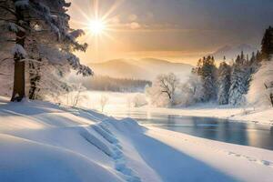 a snowy river and trees in the snow. AI-Generated photo