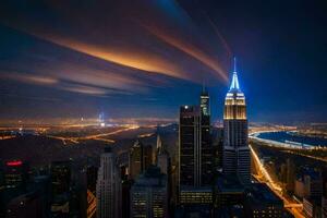 el imperio estado edificio es iluminado arriba a noche. generado por ai foto